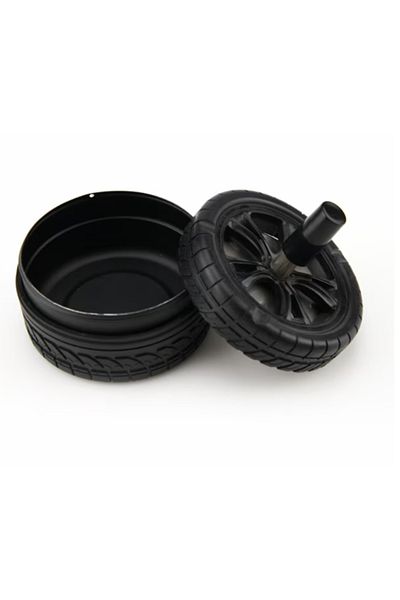 OEM Black metal ashtray, wheel-shaped, windproof, with closing mechanism