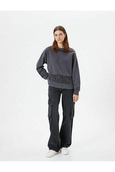 Koton Crew Neck Sweatshirt with Crochet Detail Regular Fit Cotton