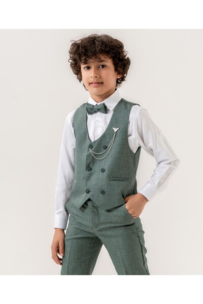 Atlas Kids Erkek Çocuk Smokin Takım Elbise – Pantolonlu Yelekli Papyonlu Gömlekli Zincirli 5’li Set
