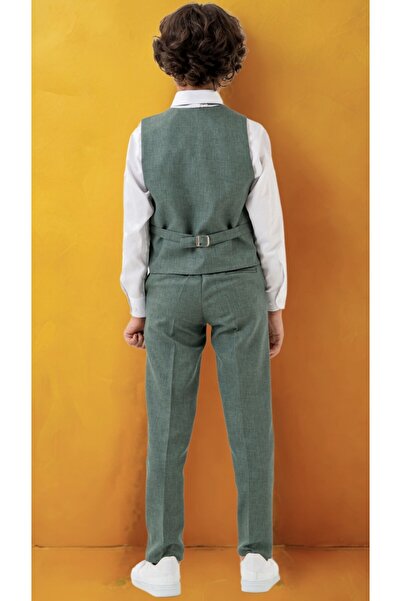 Atlas Kids Erkek Çocuk Smokin Takım Elbise – Pantolonlu Yelekli Papyonlu Gömlekli Zincirli 5’li Set