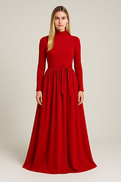 MERT ERKAN Kırmızı Uzun Tam Daire Açılımlı Şık Dökümlü Elbise