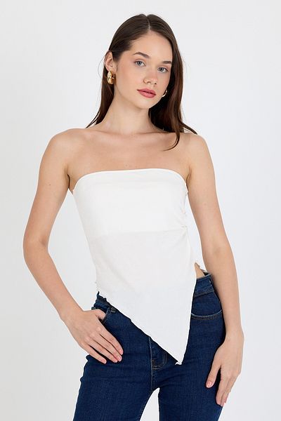 Eco Sense Strapless Asymmetrical Lycra Side Gathered Blouse, Asymmetrical Strapless Stretchy Gathered Crop Top