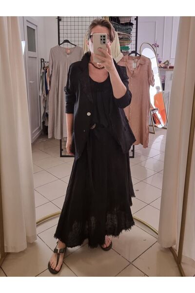 pudubutik سترة سوداء إيطالية من الكتان بنسبة 100%