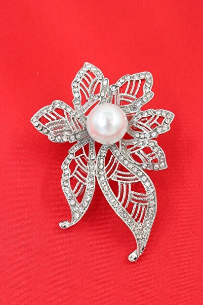 KEEBA Gümüş Renk, Incili Çiçek Broş. Yaka Iğnesi Broş. Taşlı Broş. Kadın Broş. Inci Broş. Gümüş Broş.