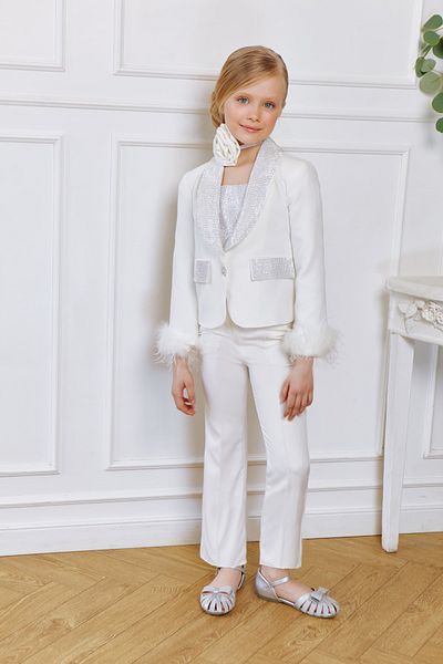 By Feyza Kids Collection Girl Kid Design Stylish Suit-Stone Embroidered Blouse, Feather Jacket, Trousers and Neck Rose Detailed Ful Set