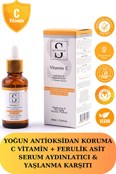 SHINEHUB C Vitamini Serum Aydınlatıcı & Yaşlanma Karşıtı & Antioksidan 10% C Vitamin 0.5% Ferulik Asit Evit