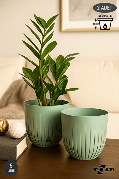 ToXA 2li Çizgi Saksı Seti 21cm Plastik Delikli Tabaklı Çiçek Saksısı Set
