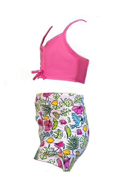 Tides Girls' Swimsuit Set with Shorts - Bird Patterned Shorts and Pink Top