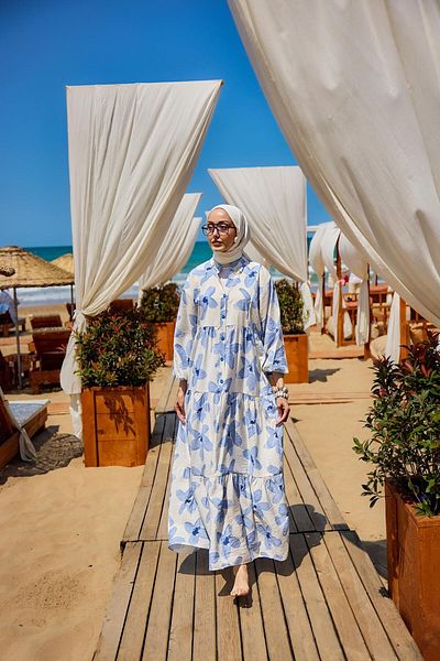 LOCCO Rochie de damă cu model margarete albastră