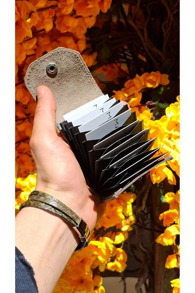MAT Deri Gray 10 Card Compartment Accordion Credit Card Holder Genuine Leather Mini Size Card Holder