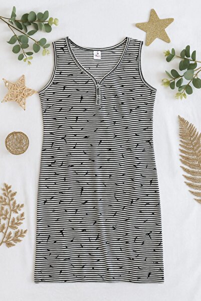 enmodaiçgiyim Black Striped Cotton Zero Sleeve Striped Oversize Women's Dress