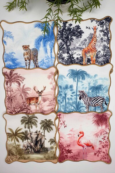 decofav 6'lı Jungle Serisi Uyumlu Sulu Boya Hayvan Desenli Nakışlı Kokteyl Peçeteleri