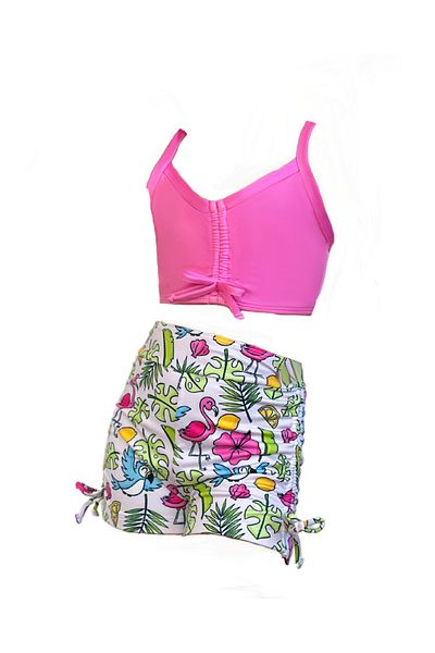 Tides Girls' Swimsuit Set with Shorts - Bird Patterned Shorts and Pink Top
