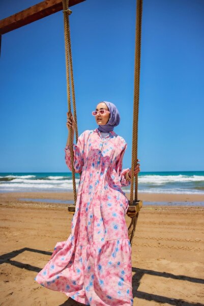 LOCCO Women's Watercolor Flower Pattern Dress Pink