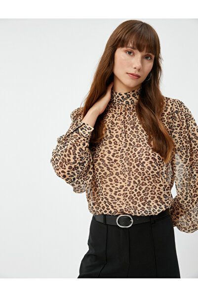 Koton Μπλούζα σιφόν Μεγαλοπρεπής γιακάς με μπαλόνι μανίκια Λεοπάρ μοτίβο