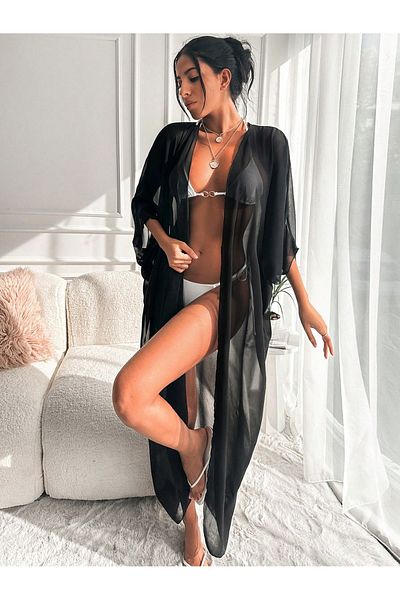 LOBOLIC „Kimono de plajă din șifon negru – Pareo transparent cu mânecă lungă”