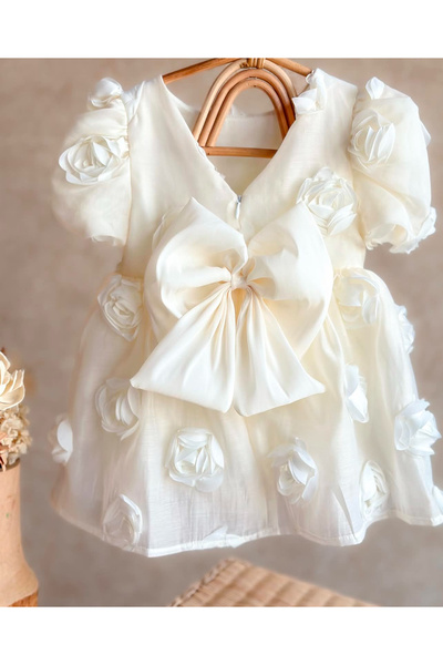 Cumino Beyaz Güllü Çocuk Elbisesi,çocuk Düğün Elbisesi,beyaz Çocuk Elbisesi,beyaz Çocuk Bayram Elbisesi