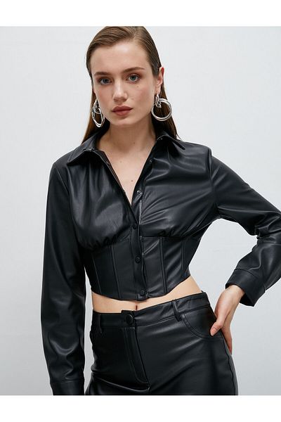 Koton Faux Leather Crop Shirt with Corset Detail