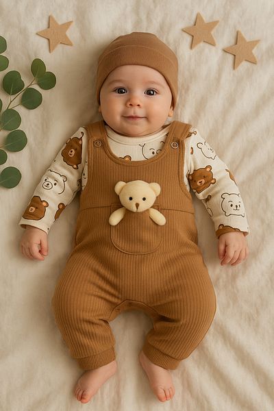 NAFİTTO Teddy Bear Baby Jumpsuit 3-Piece Jumpsuit Set – Bodysuit, Jumpsuit and Socks |   3-6-9 Months Baby Outfit