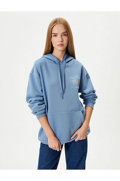 Koton Hooded Oversize Sweatshirt College Themed Printed Back Hooded Kangaroo Pocket