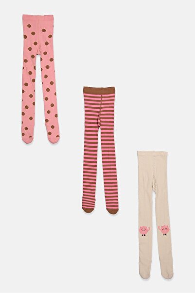Tchibo Kids Girl 3 Pair Polka Dots And Stripe Tights, Pink Combo