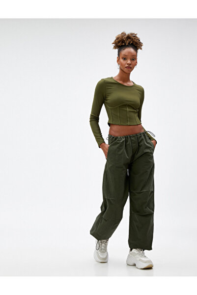 Koton Long Sleeve T-Shirt Crop Waist Corset Crew Neck