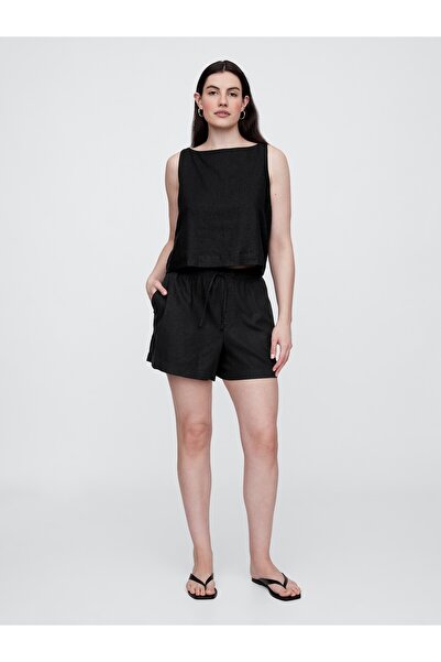 GAP Kadın Siyah Bağcıklı Keten Karışımlı Şort