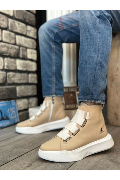 Genel Markalar BA0142 Bantlı Erkek Yüksek Taban Krem Beyaz Spor Bot