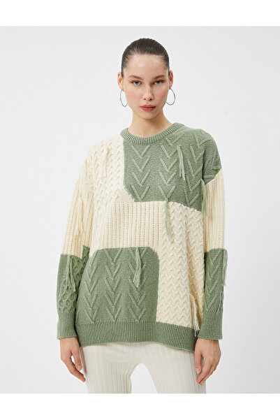 Koton Knitwear Sweater Color Blocked Tassel Detailed Relaxed Cut Crew Neck