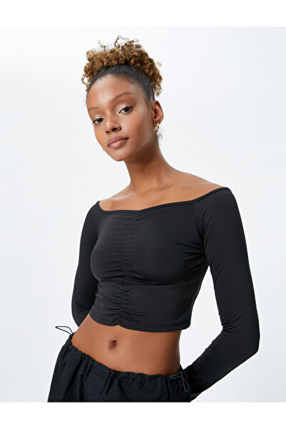 Koton Μακρυμάνικο T-Shirt Crop Strapless Γιακάς Slim Fit Gather Λεπτομερής