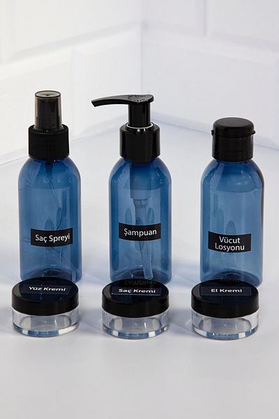 homence Geantă de machiaj de călătorie și sticlă albastră 100 ml, set de călătorie de 6