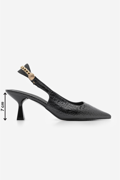 Marjin Women's Stiletto Pointed Toe Gold Chain Detailed Slingback Heeled Shoes Nigos Black Croco