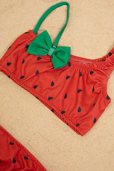 Cansın Mini Red Watermelon Patterned Bow Girl's Shoulder Strap Swimsuit Set 21113