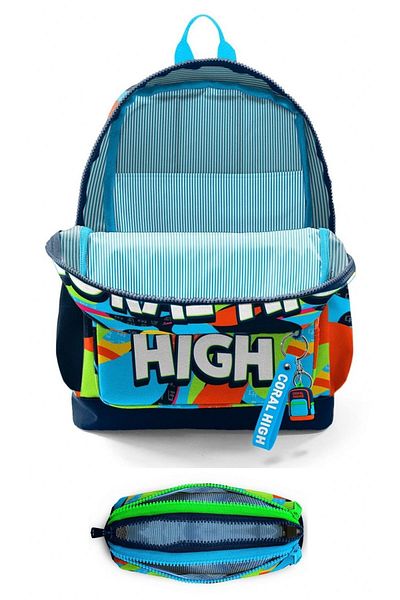 Coral High Set rucsac cu patru ochi și suport pentru stilou pentru băieți de școală primară - Graffiti albastru bleumarin