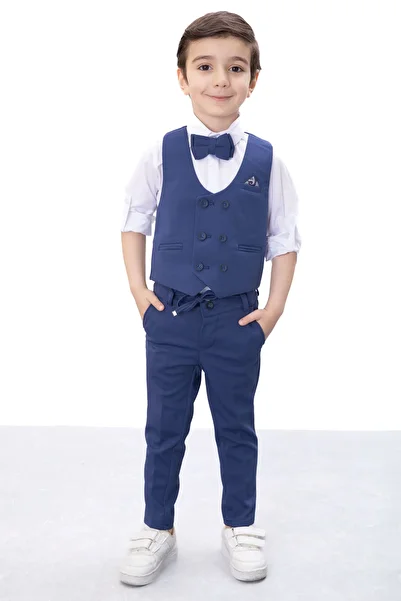 Cansın Mini Boy's 4-Piece Suit with Blue Button Vest and Bow Tie Shirt 20546
