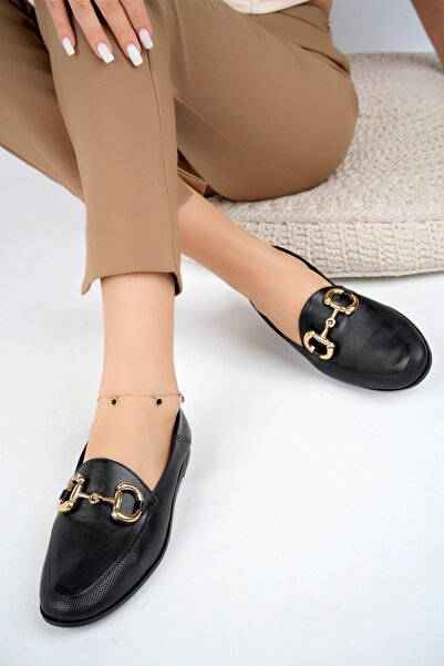 Deripabuc Hakiki Deri Baskılı Siyah Kadın Deri Babet PCC-F07