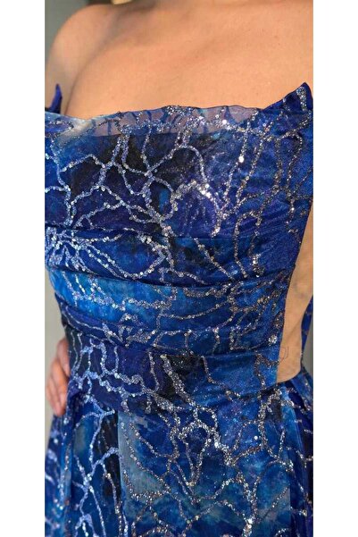 Abiyeniall Saks Anvelop Yırtmaçlı Kloş Etekli Desenli Uzun Abiye Elbise 7678