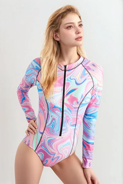 Behills Abstract Pattern Zipper Long Sleeve Swimmer Hijab Hipster Surfing Swimsuit