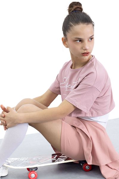 Cansın Mini Тенис пола с еластична талия Dusty Rose, оребрена, за момичета, 21042