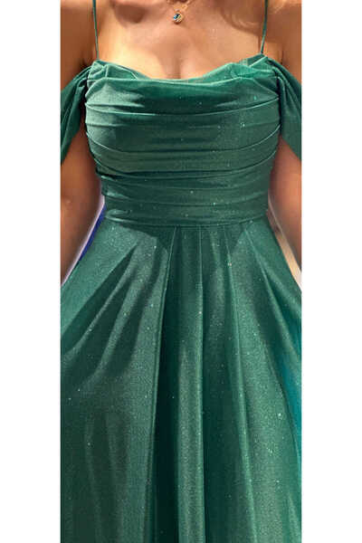 Abiyeniall Yeşil İp Askılı Sırt Dekolteli Kloş Etekli Simli Kumaş Uzun Abiye Elbise 7365