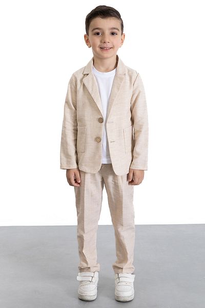 Cansın Mini Boys' 3-Piece Suit with Cream Linen Jacket and Trousers and Basic T-Shirt 21118