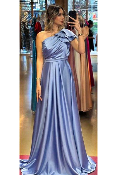 Abiyeniall One Shoulder Indigo Satin Long Evening Dress - with Flared Skirt 7501