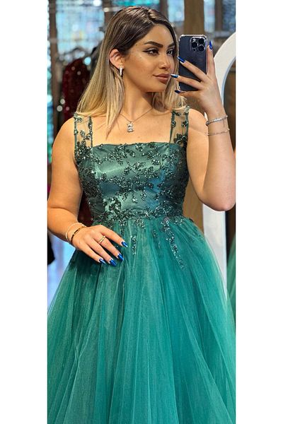 Abiyeniall Green Thick Strap Flared Skirt Tulle Long Evening Dress 7403