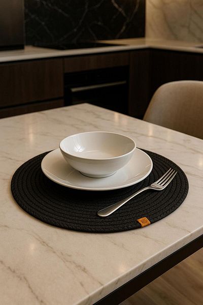 Alper Banyo 4 Piece Black Jute Supla Set, American Service Set, Luxury Presentation Plate Mat (33 X 33 cm)