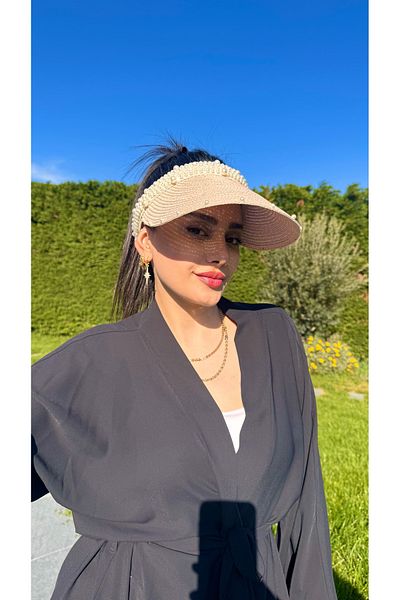 Luminos Butik Stylish Straw Visor Hat with Powder Pearl Detail Oval Design Summer Accessory Hsr2086