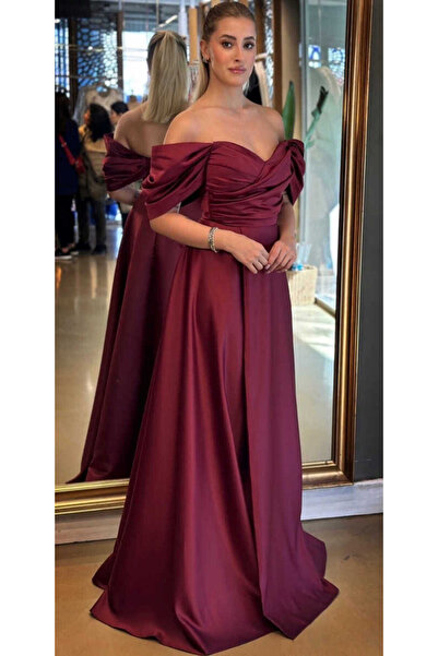 Abiyeniall Vişne Renk Düşük Kollu Anvelop Yırtmaçlı Kloş Etekli Saten Uzun Abiye Elbise 7568