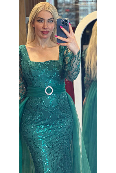 Abiyeniall Dlouhé večerní šaty s dlouhým rukávem rovného střihu v petrolejové barvě 7363