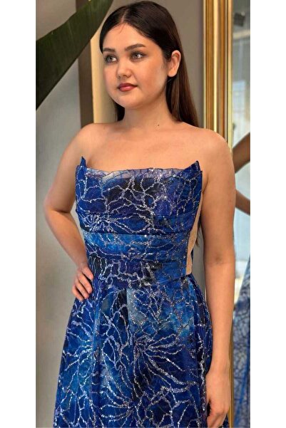 Abiyeniall Saks Anvelop Yırtmaçlı Kloş Etekli Desenli Uzun Abiye Elbise 7678