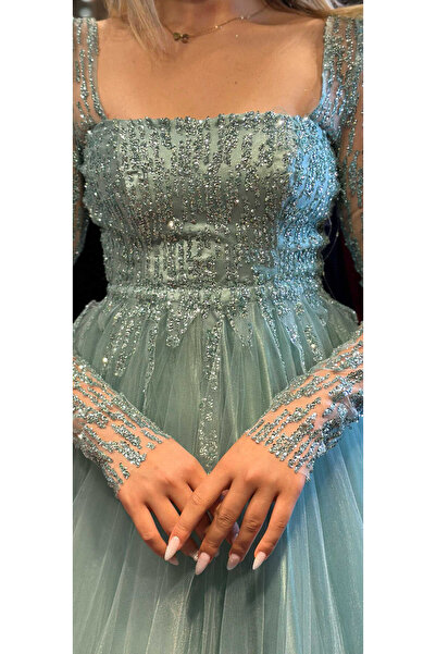 Abiyeniall Menta hosszú ujjú, kiszélesedő szoknya tüll hosszú estélyi ruha 7352