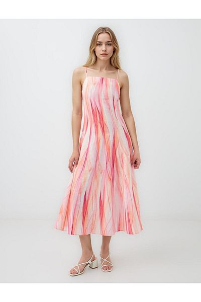 Jimmy Key Pink Square Neck Patterned Linen Blend Midi Dress